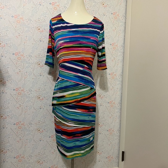 Connected Apparel Vibrant Striped Pencil Dress - Picture 1 of 8